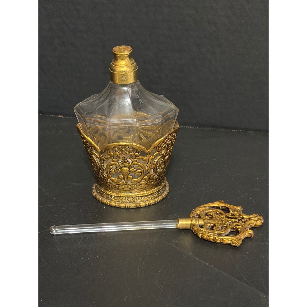 Vintage Gold Filigree Ormolu Glass Perfume Bottle with Dauber & Removable Base